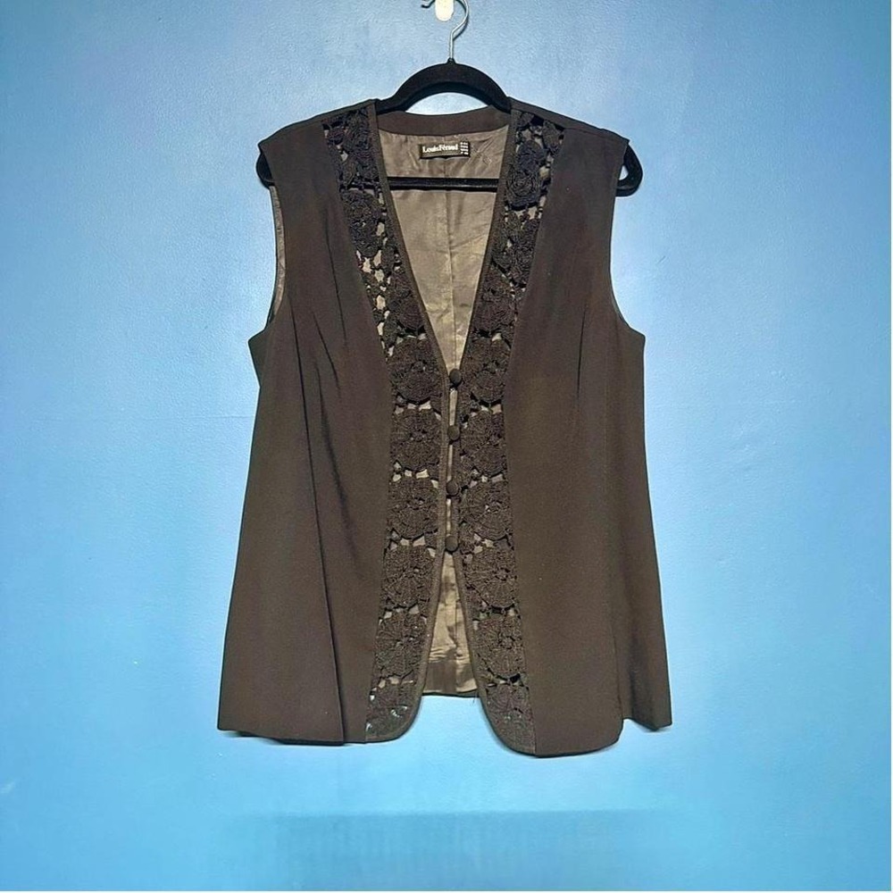 Vintage Embroidered Vest Women's Size 14 Louis Feraud Black Waistcoat Flower